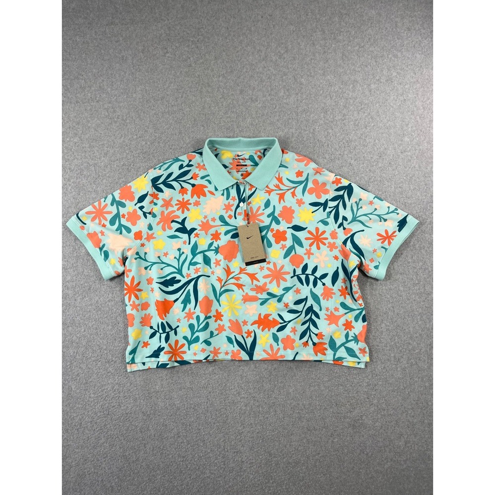 Nike Floral Boxy Golf Polo Shirt Womens XL Blue Cropped Loose Fit DD0486-382